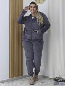 A&D Women's Plus Size Plush Set: Zip Top And Cuffed Trousers - 灰色 - 查看 1