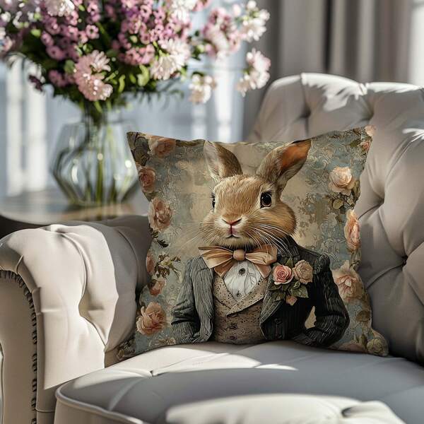 1pc Easter Bunny Gentleman Plush Pillow Cover, Decorative Throw Pillow Case For Living Room Bedroom Sofa Home Farmhouse Decor Party, No Insert, 17.7" X 17.7"