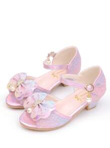 Girls' Crystal High Heel Sandals, Princess Shoes With Bowknot, Colorful Dress Shoes With Sequins