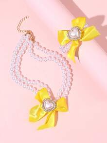 2pcs/Set Girl's Faux Pearl & Bow Decor Necklace & Bracelet Set - Pearl Beads - View 5