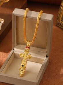 1 Piece Vintage Gold Cross Sword Pendant Necklace,Inlaid Cubic Zirconia,Snake Bone Round Chain,Suitable For Daily,Hip Hop,Party And Gift