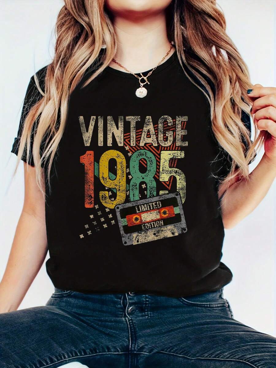 Vintage 1985 40th Birthday Gifts For Men Women 40 Year Old T-Shirt- Women's Clothing Printed Graphic Tee For T-Shirt Lovers For All Seasons - 黑色 - 查看 1