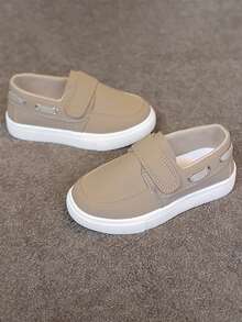 新款春夏秋季儿童英伦风魔术贴防滑耐磨帆布休闲乐福鞋软底透气舒适一脚蹬平底鞋 - 卡其色 - 查看 2