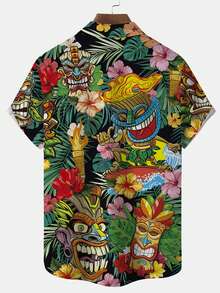 Hawaiian TIKI Tropical Plant Print Men's Button Down Short Sleeve Shirt - Multicolor - View 3