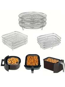 1 层不锈钢空气炸锅配件 - 可用洗碗机清洗，可堆叠用于烤箱和炸锅 耐用空气炸锅架 可堆叠多用途烤箱架 不锈钢篮子托盘 空气炸锅配件