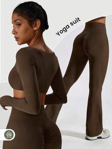 YEIFIN Yoga Set Women's Gym Yoga Suit Tight Fitting Sports Set T Shirts Bra Tank Top Loose Bell-Bottoms - Brown - View 4