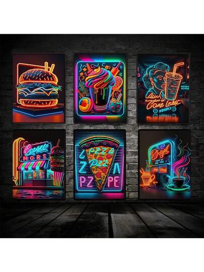 1 pieza Cartel de pintura en lienzo con impresiones de arte de neón de pizza, hamburguesa, café, helado, decoración para el hogar, regalo de vacaciones y cumpleaños, decoración de oficina, con opción de marco