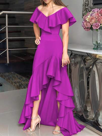 Vestido largo elegante para mujer xally 25D con escote en V y hombros descubiertos, volante amplio en escote y falda con olanes en cascada de corte asimétrico para fiesta