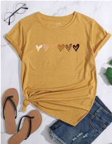 Camiseta de Moda Verano Lindo para Mujeres con Diseño de Corazón y Ondas Sonoras, Cuello Redondo, Estilo Elegante, Parte Superior de Primavera/Verano, Camiseta de Vestir Casual - Amarillo - Ver 1