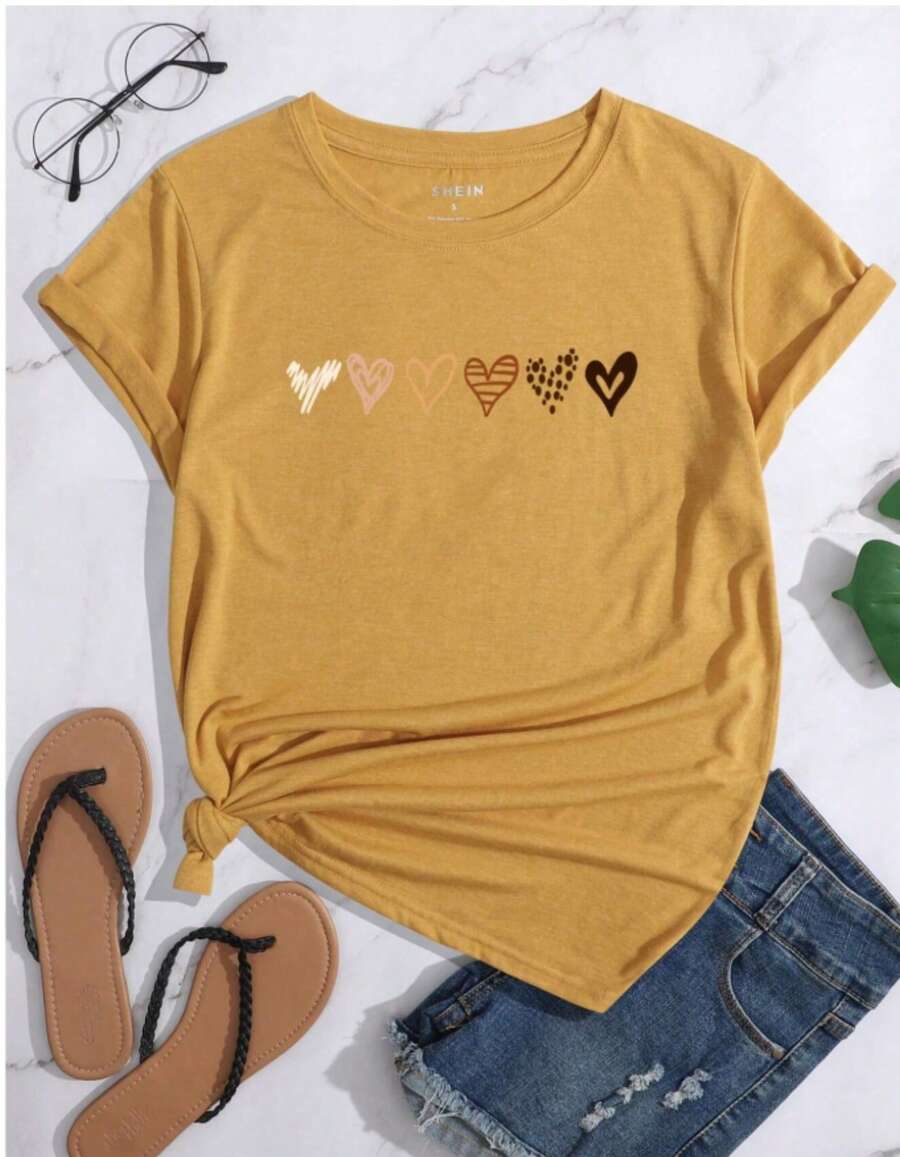 Camiseta de Moda Verano Lindo para Mujeres con Diseño de Corazón y Ondas Sonoras, Cuello Redondo, Estilo Elegante, Parte Superior de Primavera/Verano, Camiseta de Vestir Casual - Amarillo - Ver 1