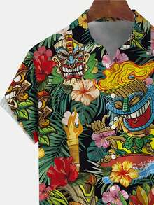 Hawaiian TIKI Tropical Plant Print Men's Button Down Short Sleeve Shirt - Multicolor - View 4