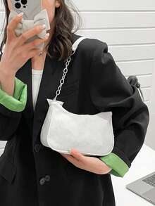 New Fashion Versatile Textured Chain Shoulder Bag, Underarm Handbag For Women - White - View 5