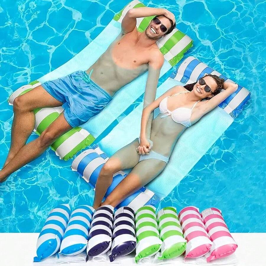 1 pieza de Tumbona inflable para piscina - Cama flotante plegable con rayas, de material de PVC duradero, colores surtidos (rosa, azul y rayas blancas), perfecta para fiestas en la piscina, accesorios de playa y relajación