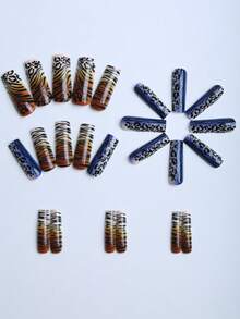 24 件长方形压合水晶指甲，时尚高级条纹可拆卸指甲片，性感豹纹辣妹风格假指甲，情人节、送礼派对便携式假指甲（带果冻胶），一片式摩擦条状指甲用品指甲 - 彩色 - 查看 3