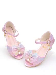 Girls' Crystal High Heel Sandals, Princess Shoes With Bowknot, Colorful Dress Shoes With Sequins