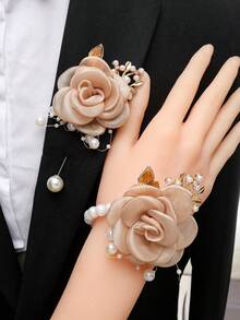 1pc Champagne Tea Flower Brooch + 1pc Wrist Corsage Set, Beige Rose Decor Bride, Bridesmaid, Wedding, Party, Daily Floral Accessory - Champagne - View 5