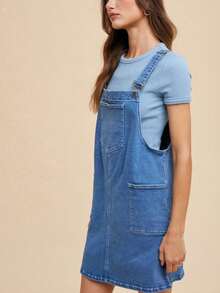 Womens Casual Denim Overall Chic Classic Adjustable Strap Mini Dress Medium Wash Blue Above Knee Length Front Pocket Design Round Neck Ribbed Tee Layered Look Spring Summer Daily Wear - Màu xanh trung bình - Xem 3