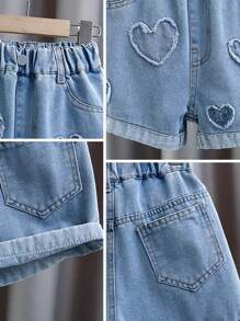 Girls' Summer Casual Denim Shorts With Heart Patches - Loose Fit Elastic Waistband, Blue Distressed Design & Functional Pockets For Outdoor Play & Casual Attire