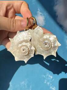 1 Pair Asymmetrical Natural Seashell Pendant Stainless Steel Waterproof Earrings, Summer Beach Resort Fashion Jewelry, Exaggerated Natural Gemstone For Women