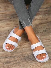 Women's White Sandals With Double Straps, EVA Slide Slippers With Buckle, Non-Slip, Lightweight, Durable, Soft, Comfortable, Shock-Absorbing, Suitable For Outdoor Beach - White - View 5