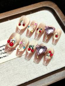 Handmade Wearable Nails, Press-On Fake Nails, Glitter, Faux Cherry, Big Heart Rhinestone, Bow Tie, AB Version, Fashion High-End, High-Grade Cat Eye Effect, Reusable For Women - Pink - View 6