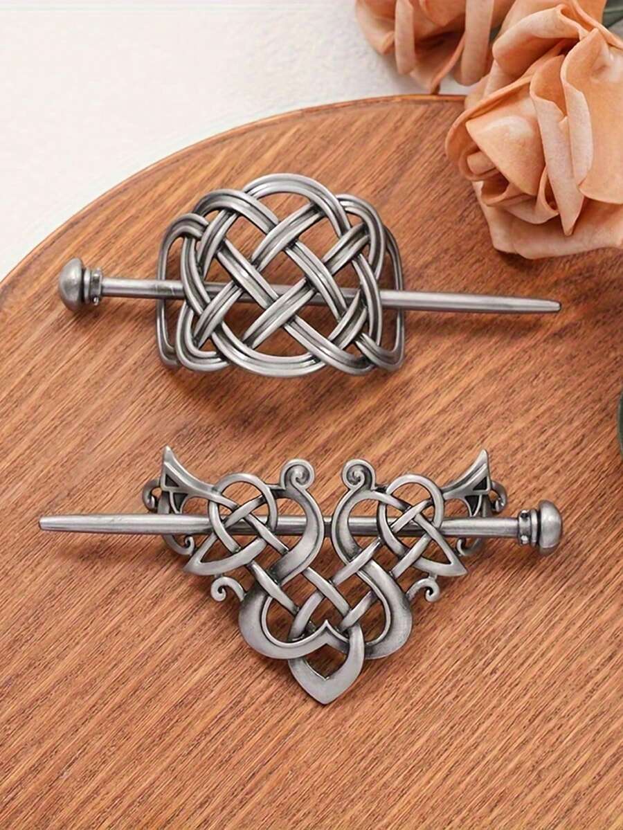 复古凯尔特结发夹套装，锌合金空心编织披肩别针，灰色仿古饰面，服装发饰，学习用品，头部饰品 - 彩色 - 查看 1