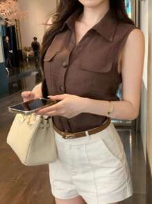 Solid Color Pattern Front Pocket Sleeveless Shirt