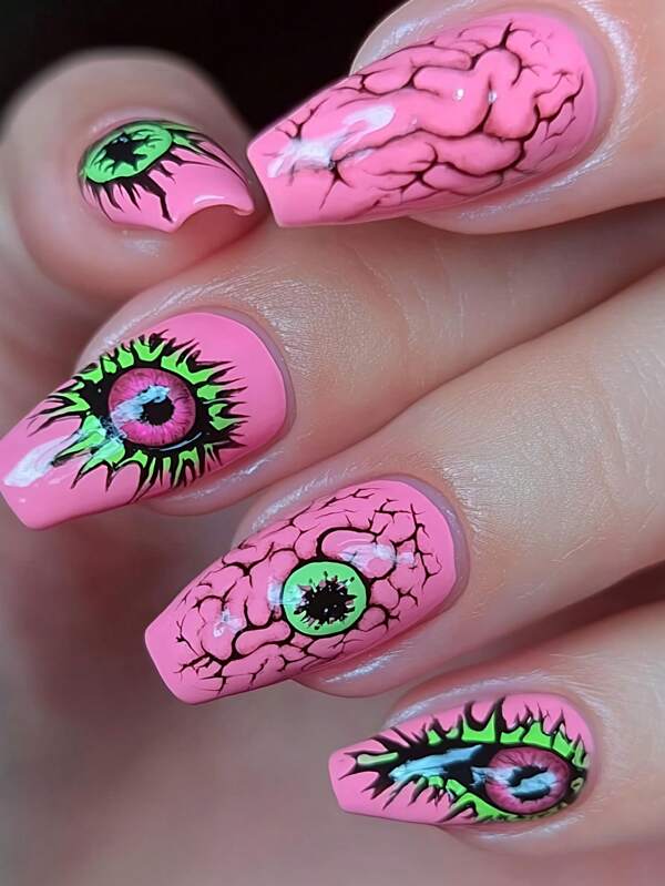 Unhas postiças de Halloween com estampa de grafite rosa de comprimento médio e olhos grandes, decalques removíveis para nail art, 4 peças, adesivos práticos para unhas natalinas