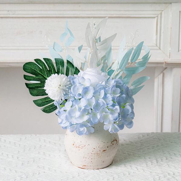 1pc Artificial Hydrangea Bouquet With Eucalyptus Leaves - Elegant Floral Arrangement Suitable For Home, Kitchen, Wedding And Holidays - Durable Pale Blue And Green Plastic Decor