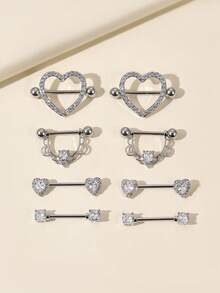 4对/套 不锈钢心形、U形和圆形装饰乳环 - 銀 - 查看 2