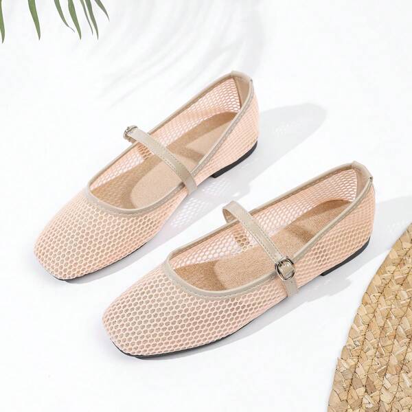 Bailarinas de malla transpirable para mujeres, sandalias cuadradas casuales, zapatos planos cómodos y suaves de suela con diseño de moda