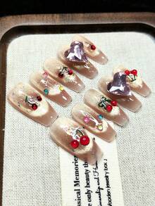 Handmade Wearable Nails, Press-On Fake Nails, Glitter, Faux Cherry, Big Heart Rhinestone, Bow Tie, AB Version, Fashion High-End, High-Grade Cat Eye Effect, Reusable For Women - Pink - View 7