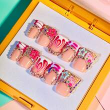 Sugar Burn Duck Tip Press On Nails, Handmade Pink Flame Nails, Ice Cream Charms, Stars, Rhinestones, Sweet Y2K Glam Summer - Pink - View 5