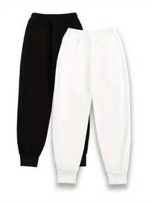 Dos pantalones, pantalones de chándal de cintura alta con cordón sólido, pantalones casuales para todos los días, ropa de mujer - Negro + blanco - Ver 2