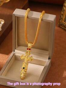 1 Piece Vintage Gold Cross Sword Pendant Necklace,Inlaid Cubic Zirconia,Snake Bone Round Chain,Suitable For Daily,Hip Hop,Party And Gift