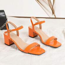 New Fashion Women Orange Patent High Heel Sandals With Ankle Strap, Square Toe, Thick Heel, Suitable For Vacation & Casual Wear - Orange - View 2