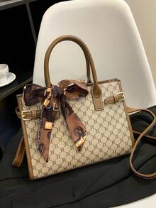 3 件套格子 PU 皮革托特包单肩包，时尚百搭优雅手提包适合中年女性日常使用，大容量 - 灰色 - 查看 7