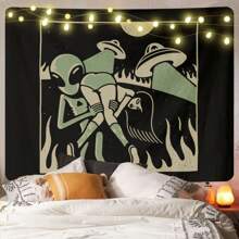 1 pezzo Tappezzeria da parete in poliestere a tema alieno, design UFO, per decorazione della casa nel soggiorno o camera da letto, colori nero e verde, tema cosmico unico e elegante, tessuto leggero, tappezzeria da appendere alla parete
