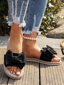 Women's Bow Decor Flat Sandals, Round Toe Slip-On Summer Shoes, Fashionable & Comfortable Ladies Beach Shoes, Lightweight Women Sandals - Black - View 6