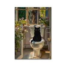1 pièce Impression sur canevas de chat de salle de bain optionnel avec cadre lisant sur les toilettes. Affiche d'art mural drôle de décoration animale. Décoration de maison, cadeau. Avec ou sans cadre réutilisable.