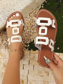 Sandálias rasteiras femininas com fivela quadrada e decoração, sandálias de praia femininas, primavera/verão