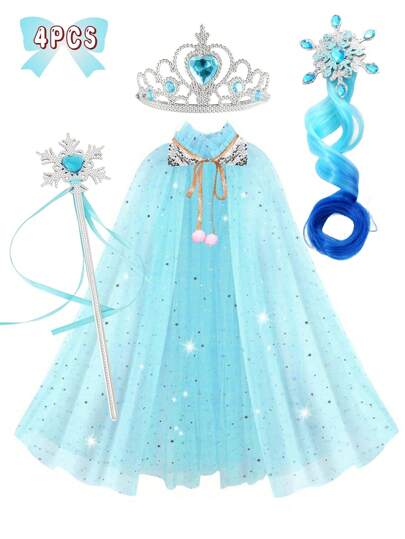 4pcs Frozen Princess Cape Set, Snowflake Hair Clip, Snowflake Magic Wand, Snowflake Set, Frozen Princess Set, Princess Crown Heart Crown Set, Is A Very Suitable Princess Gift Set For Friends, Very Suitable For Dressing Up, Daily Matching, Easter, Halloween, Birthday Party, Christmas Gifts, Party, Thanksgiving Holiday Dress.