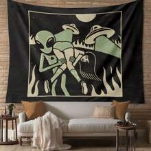 1 pezzo Tappezzeria da parete in poliestere a tema alieno, design UFO, per decorazione della casa nel soggiorno o camera da letto, colori nero e verde, tema cosmico unico e elegante, tessuto leggero, tappezzeria da appendere alla parete
