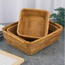 1pc/3pcs Rattan Storage Baskets, Snack & Fruit Organizer Boxes, Woven Rectangular Bread Tray, Home Desktop Countertop Decorative Baskets Valentine Day Sun Travel Cool