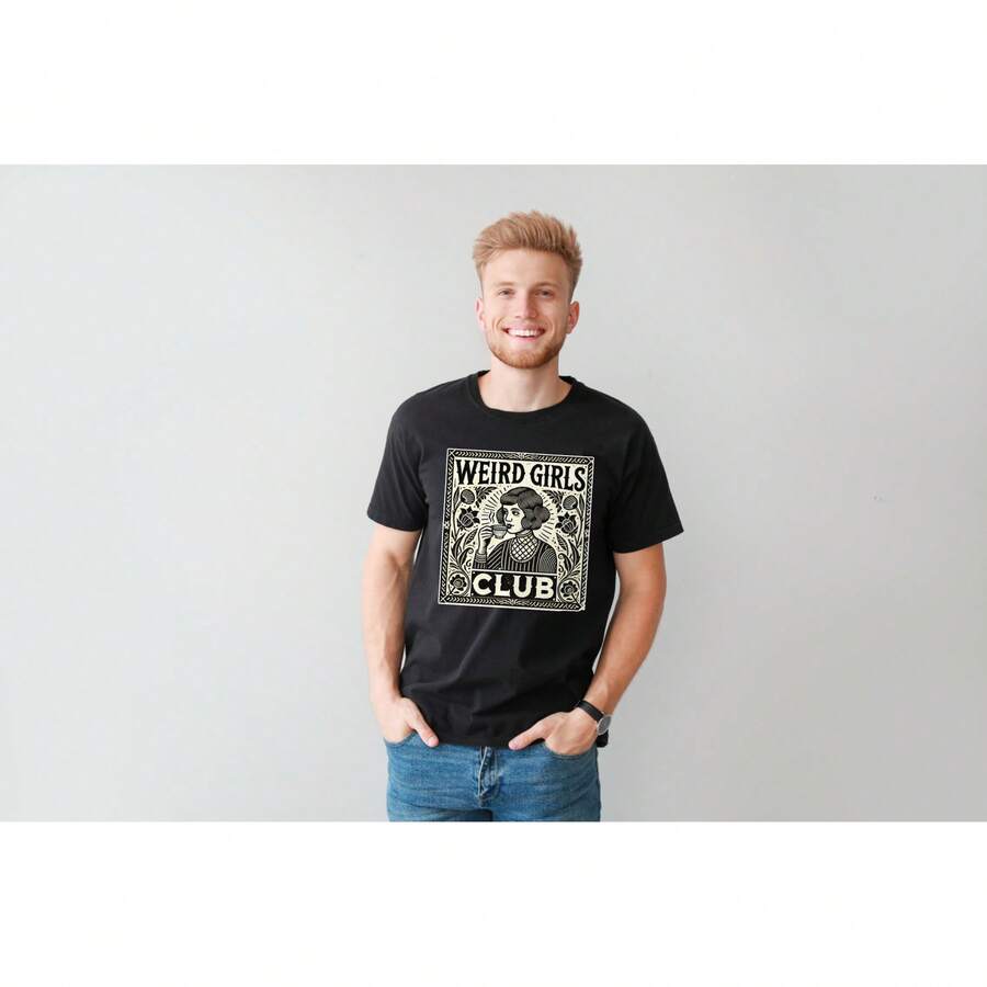Vintage Weird Girls Club Punk Rock Style T-Shirt, 100% Cotton Fabric, Crew Neck, Short Sleeve, Casual Men'S All-Match, Spring Summer All-Season Casual Wear, 220gsm - Ideal For Valentines New Year'S Day Father'S Day Christmas - 黑色 - 查看 1
