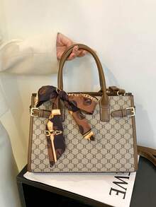 3 件套格子 PU 皮革托特包单肩包，时尚百搭优雅手提包适合中年女性日常使用，大容量 - 灰色 - 查看 8