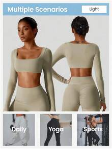 YEIFIN 瑜伽套装 女士健身瑜伽服 紧身运动套装 T 恤 胸罩 背心 宽松喇叭裤 - 卡其色 - 查看 5