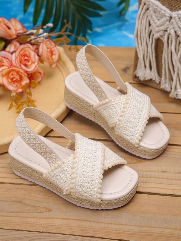 1 Pair Beige Thick Sole Sandals Suitable For Teenagers & Kids (Run Small By 1 Size), Retro Boho Style Girls Sandals, Summer Elastic Straw Woven Children Shoes For Holiday & Daily Wear