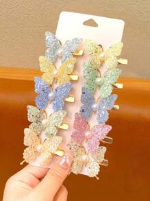 10pcs/Set Girls Butterfly Glitter Minimalist Fashion Hairclips For Bangs, Side Braided Hair, Accessory, No Cardboard Packaging
