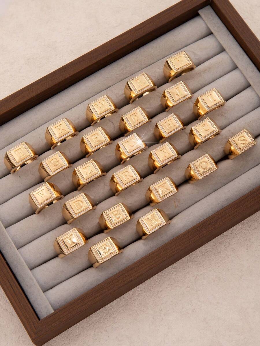 1pc Luxury Style 26 Letter Block Single-Sided Exquisite Cubic Zirconia Embellished Open Ring, Delicate Jewelry Accessory Suitable For Teenagers Daily Wear, 26 Initial Letter Ring Is An Ideal Gift For Friends - Gold - View 1